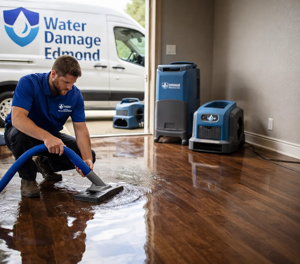 Restoration technician extracting standing water in an Edmond home with air movers and dehumidifiers staged for drying
