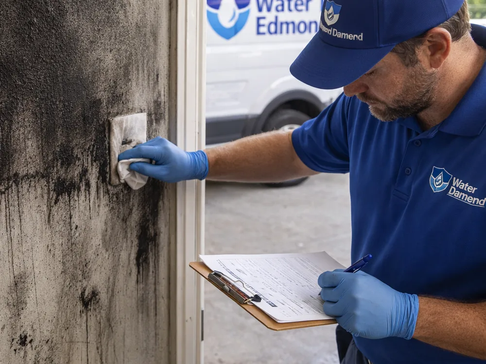 Technician performing a soot wipe test on damaged drywall and documenting affected areas