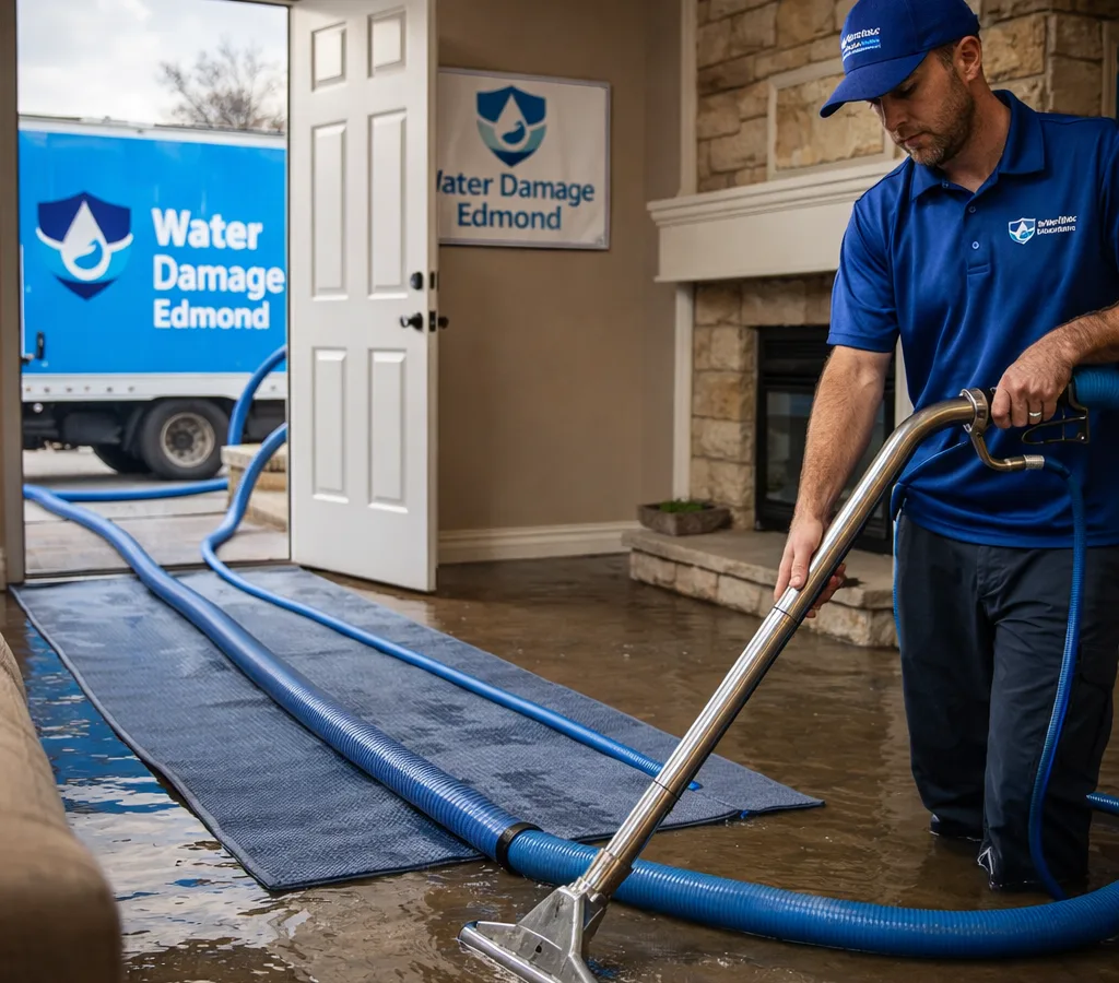 Technician extracting standing water from an Edmond living room with hoses and protective floor coverings in place
