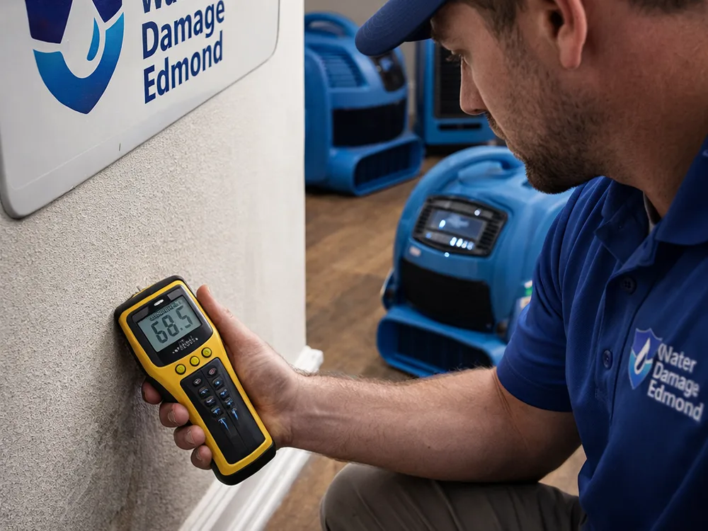 Moisture meter reading on drywall near a baseboard with drying equipment staged behind it