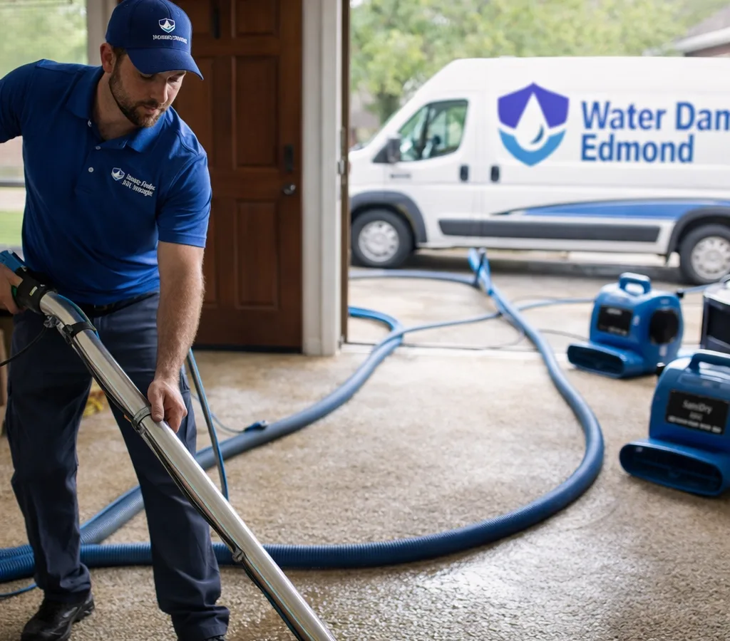 Technician extracting floodwater from a residential living room with professional equipment and air movers staged for drying