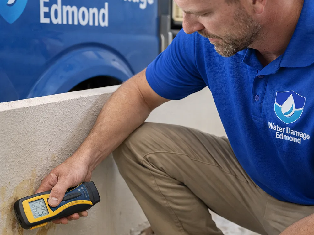 Technician mapping flood moisture at the base of an interior wall with a moisture meter beside removed baseboard