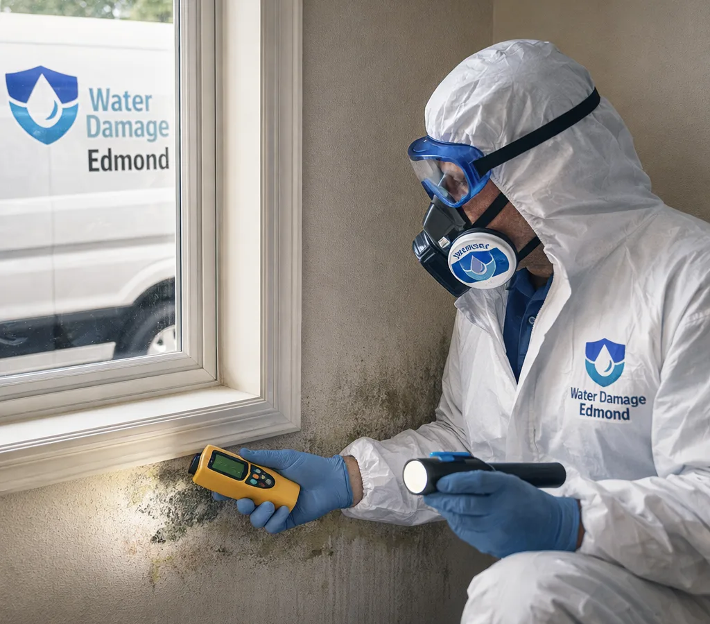 Inspector using a flashlight and moisture meter near a wall and window in an Edmond home