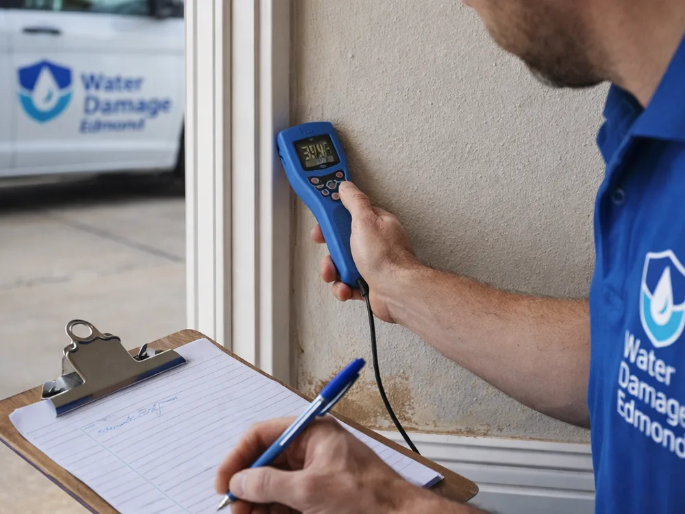 Technician taking a moisture reading at baseboard and drywall while recording results