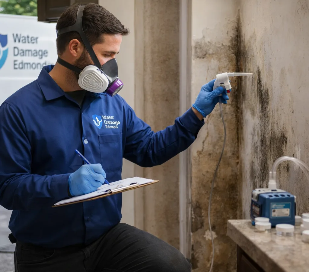 Inspector in protective equipment collecting an indoor air sample and documenting a suspected mold area inside an Edmond home