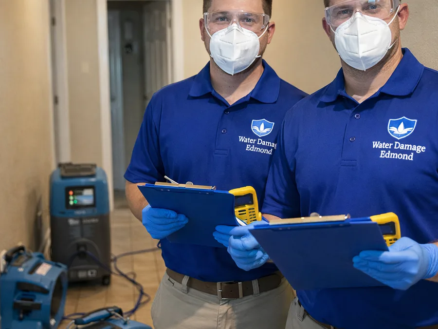 Two restoration technicians beside a residential hallway drying setup with PPE and moisture documentation